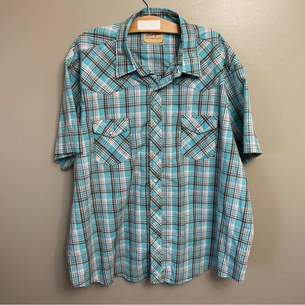 Wrangler Western Shirt Mens 3XL Plaid Short Sleeve Blue Pearl Snap‎